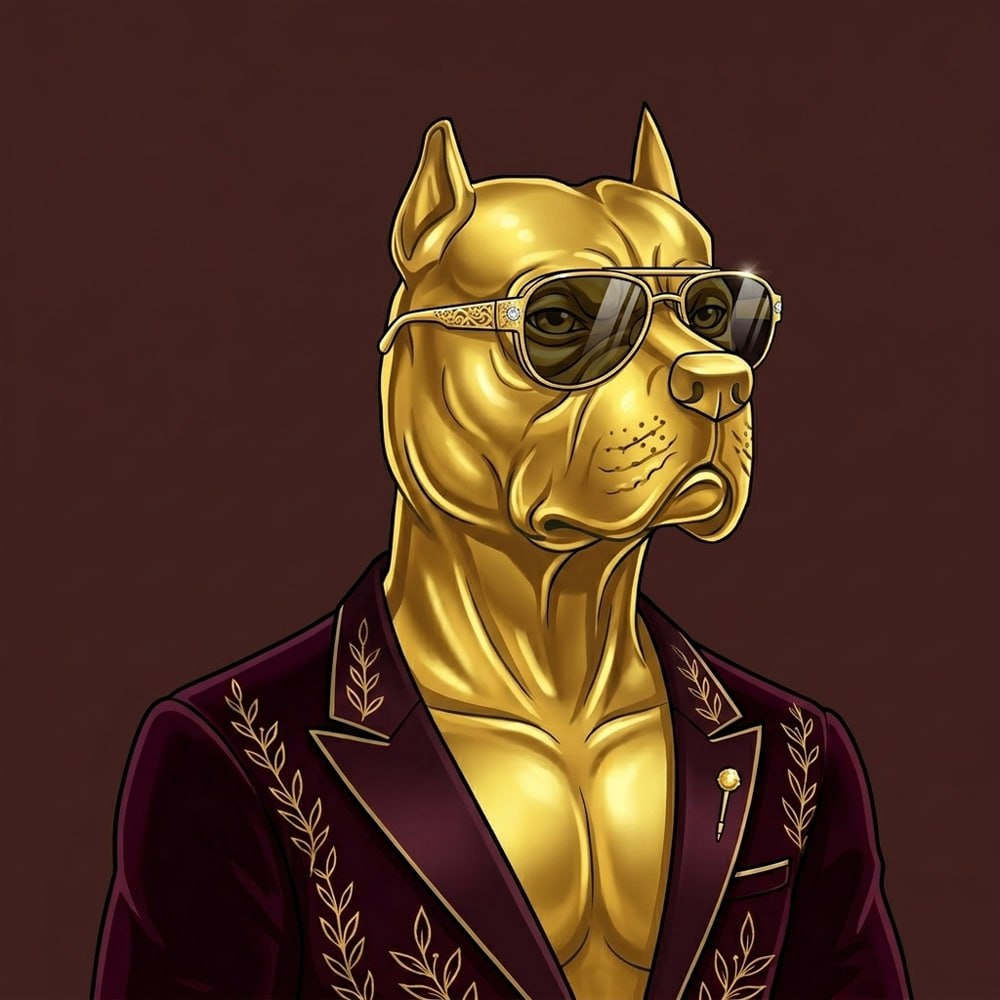 Golden Hound in a burgundy embroidered suit and sunglasses