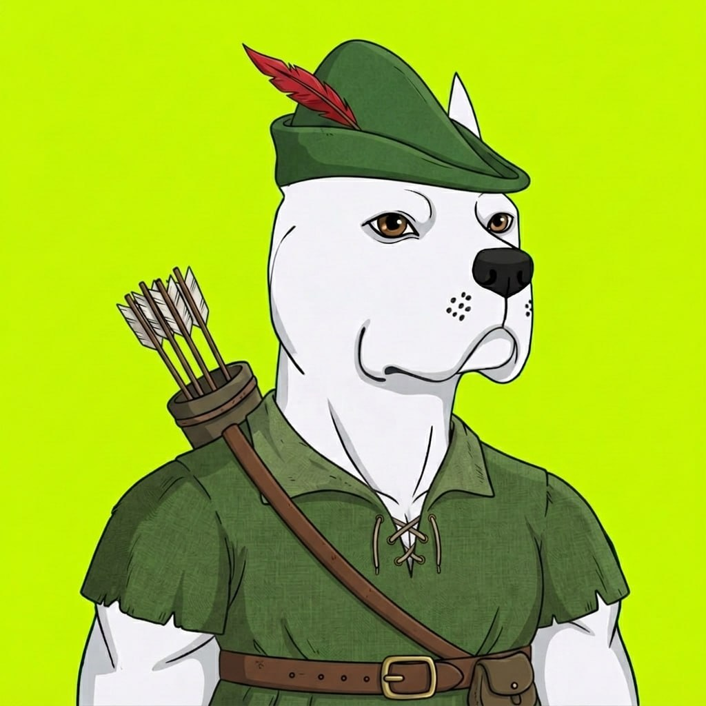Robinhounds hero Hound wearing a green feathered hat with arrows on its back